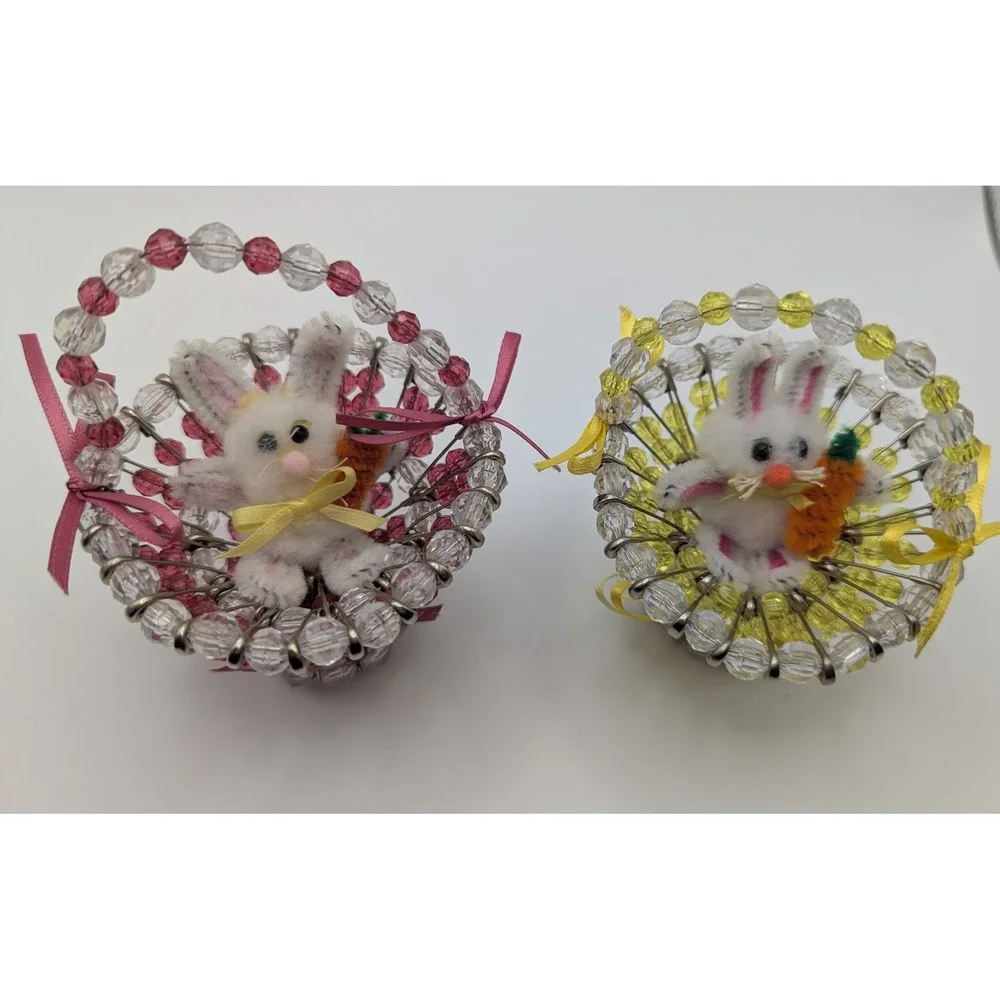Vintage Handmade Safety Pin Beaded Easter Basket Bunny Set‎ Pink Yellow 2pc